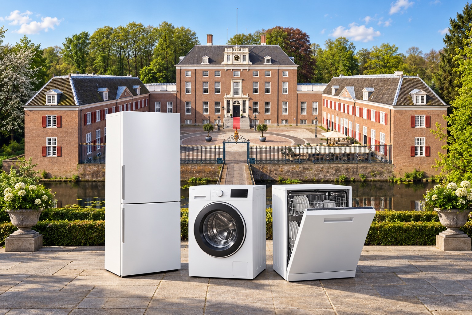 Fotocompositie van Slot Zeist met een koelkast, wasmachine en vaatwasser